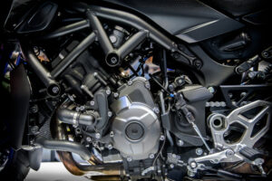 Close-up of a motorcycle engine.