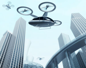 futuristic rendering of urban air mobility with EVTOL aircraft shown in flight