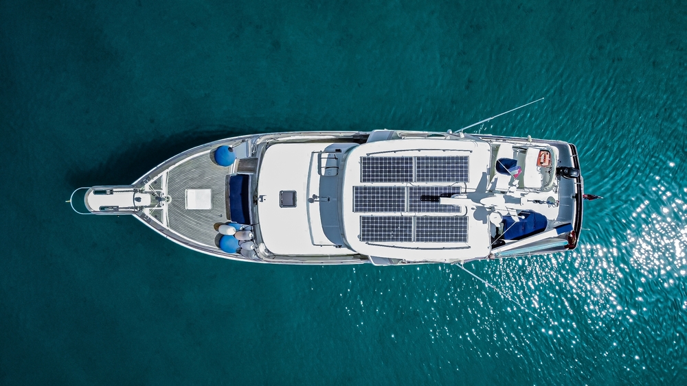 overhead view of a marine vessel with solar panels